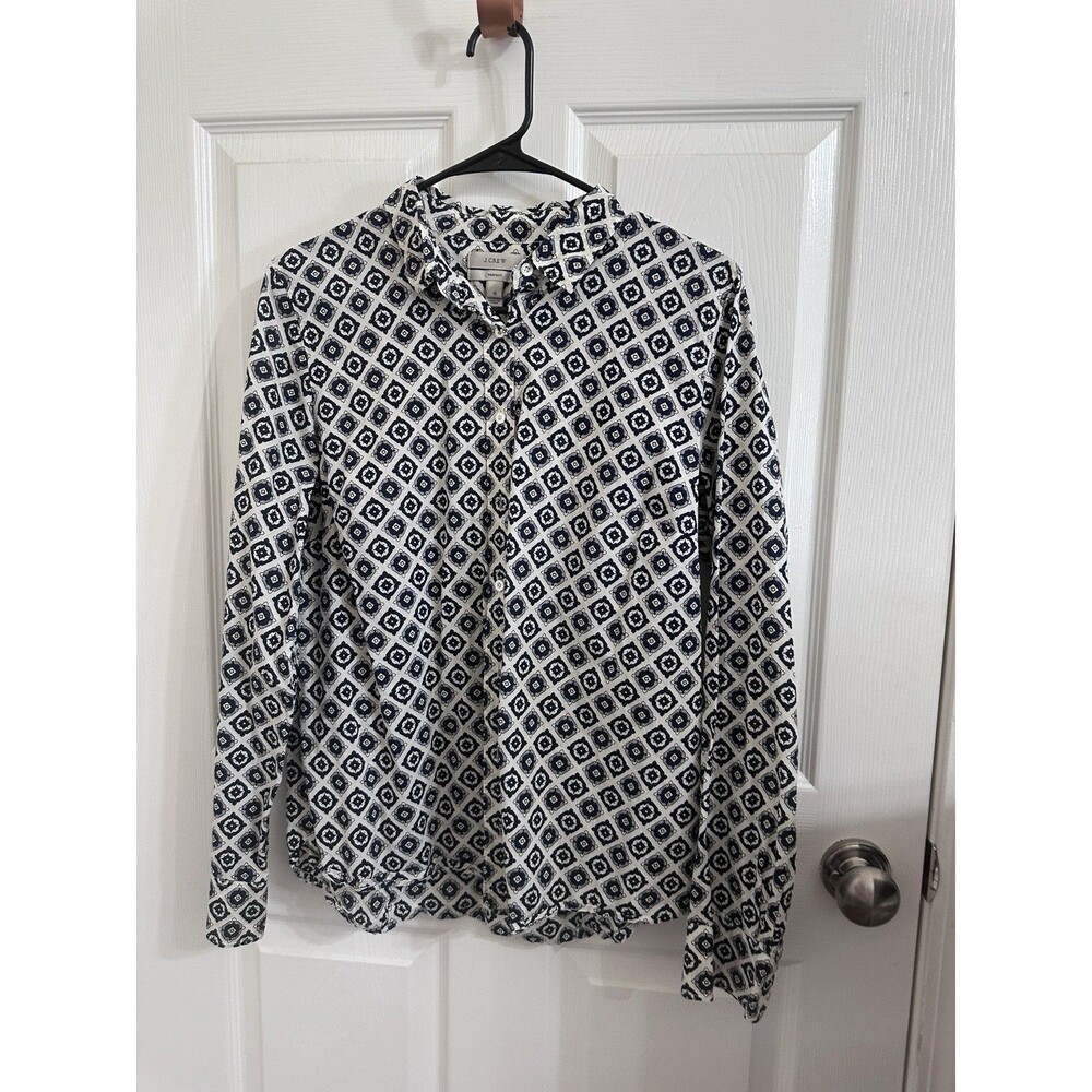 J.CREW Geometric Print Button-Up Shirt 100% Cotton White Navy Long Sleeve 12